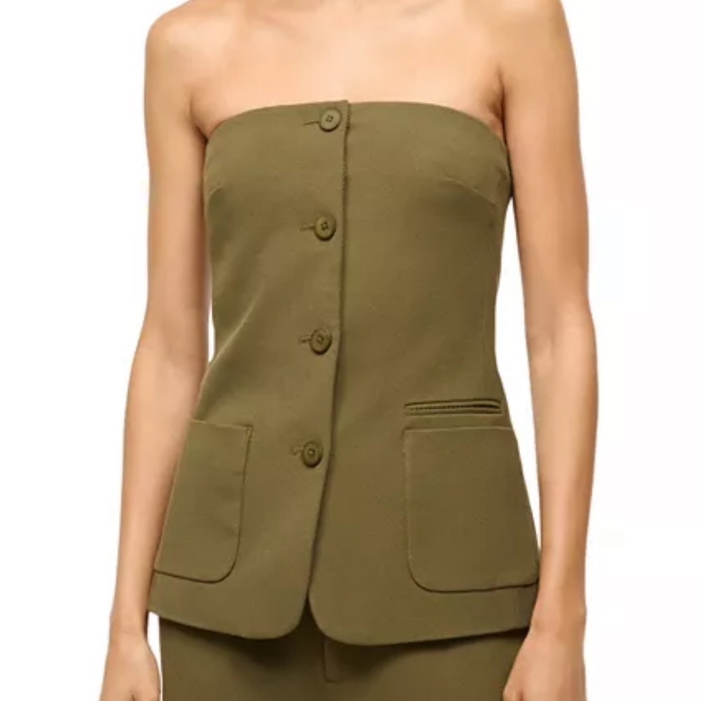 STAUD Olive Green Strapless Button-Up Top 50% off